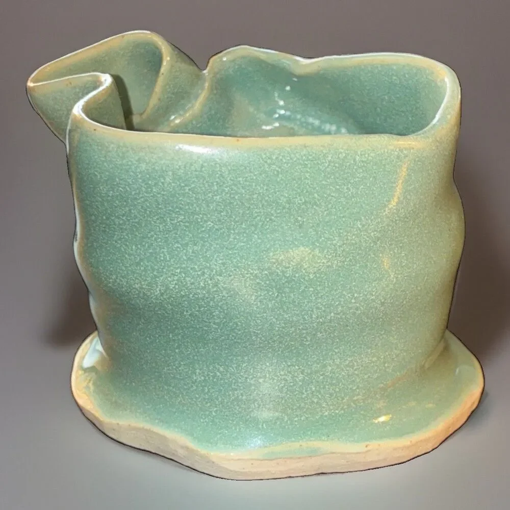 Unique Handmade Blue Glossy Pottery Pen Holder/Cup, 3” x 3”